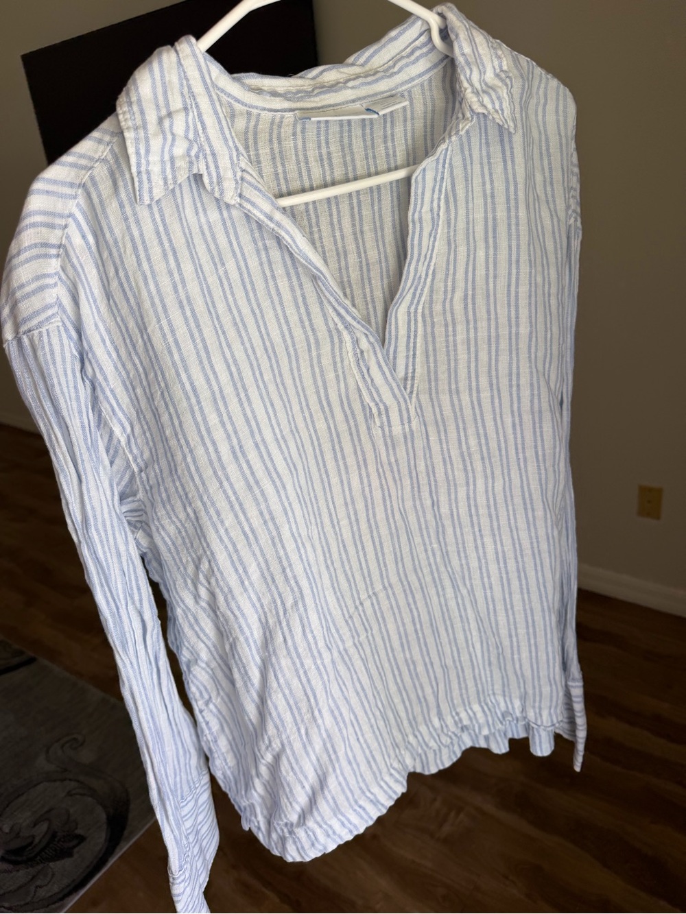 Martha Stewart 100% Linen Striped Split V-Neck Popover Blouse Size L